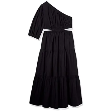 The Drop Women's April One Shoulder Cut-Out Tiered Midi Dress, Black, M