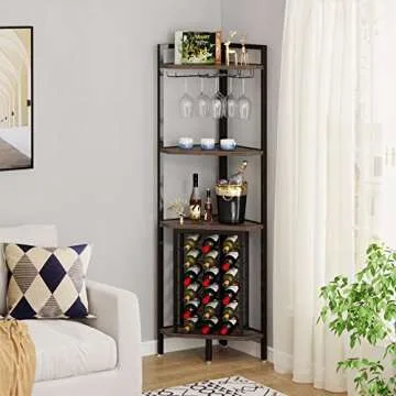LITTLE TREE Corner Wine Rack Freestanding Floor Corner Bar Shelf with Glass Holder for Small Space, Brown