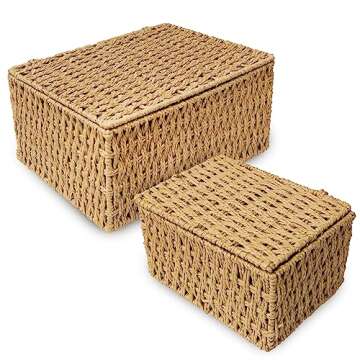 RoyalHouse Woven Stackable Storage Baskets with Lid, Decorative Rope Organizer Bin - Set of 2 (2 Sizes), Beige (No Liner)
