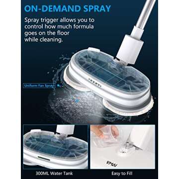 Electric Mop, Cordless Electric Spin Mop, Hardwood Floor Cleaner with Built-in 300ml Water Tank, Polisher with Led Headlight and Sprayer, Scrubber for Hard Floor & Tile, Powerful Cleaning and Waxing