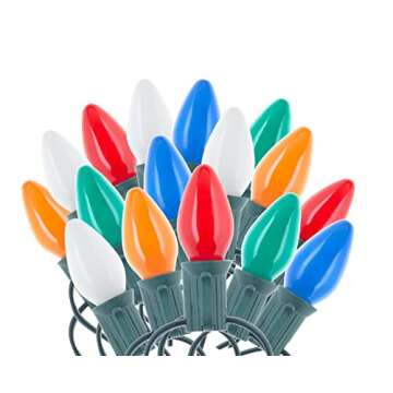 Creative Hobbies 25 Pack C7 Multicolor Christmas Light Bulbs - 7W Steady Burning Incandescent, Ceramic Multicolor, Nickel Plated Candelabra Base, Extended Life