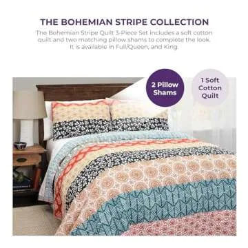 Lush Decor Bohemian Stripe Reversible Cotton Quilt Set, 3 Piece Set, King, Turquoise & Orange - Boho Bedding Set - Bold & Colorful - Striped Quilt - Maximalist & Boho Bedroom Decor