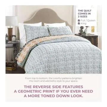 Lush Decor Bohemian Stripe Reversible Cotton Quilt Set, 3 Piece Set, King, Turquoise & Orange - Boho Bedding Set - Bold & Colorful - Striped Quilt - Maximalist & Boho Bedroom Decor