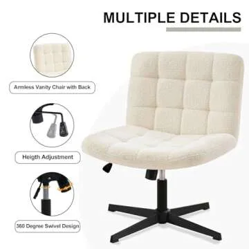 Furnimart Wide Armless Desk Chair No Wheels, Mid Back Swivel Criss Cross Chair for Home Office, Height Adjustable Wide Seat Home Office Task Chairs (Faux Fur White)