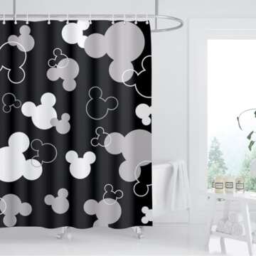 BIYSUC Mouse Head Shower Curtain Black Background Children Cartoons Kids Cute Animal Grey White Bath...