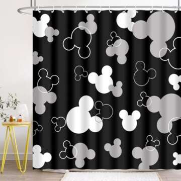 BIYSUC Mouse Head Shower Curtain Black Background Children Cartoons Kids Cute Animal Grey White Bathroom Home Decor Waterproof Polyester Fabric 72Lx72W Inch with Hooks