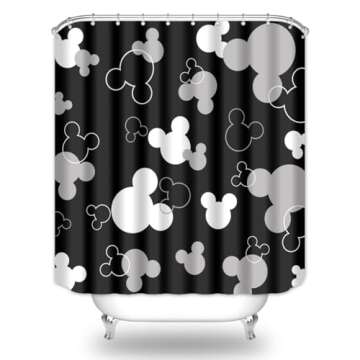 BIYSUC Mouse Head Shower Curtain Black Background Children Cartoons Kids Cute Animal Grey White Bathroom Home Decor Waterproof Polyester Fabric 72Lx72W Inch with Hooks