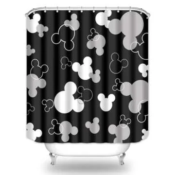 BIYSUC Mouse Head Shower Curtain Black Background Children Cartoons Kids Cute Animal Grey White Bathroom Home Decor Waterproof Polyester Fabric 72Lx72W Inch with Hooks