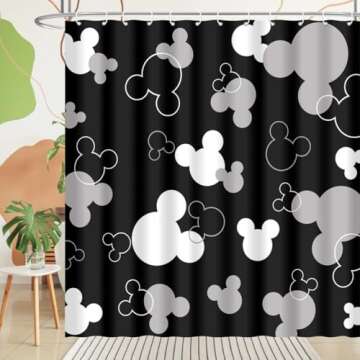 BIYSUC Mouse Head Shower Curtain Black Background Children Cartoons Kids Cute Animal Grey White Bathroom Home Decor Waterproof Polyester Fabric 72Lx72W Inch with Hooks