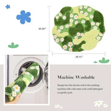 YIKUSH Moss Bath Mat Green Bathroom Rug with Small White Flowers Non Slip Door Mat for Bedroom and K...