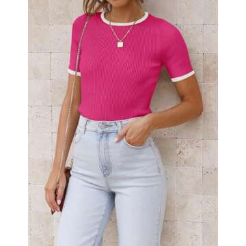 ZESICA Women's Summer Short Sleeve Ribbed Knit Slim Fit T Shirt 2025 Crewneck Basic Casual Color Block Tee Tops,Rose,Medium
