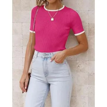 ZESICA Women's Summer Short Sleeve Ribbed Knit Slim Fit T Shirt 2025 Crewneck Basic Casual Color Block Tee Tops,Rose,Medium