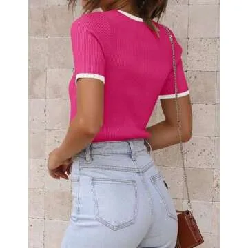 ZESICA Women's Summer Short Sleeve Ribbed Knit Slim Fit T Shirt 2025 Crewneck Basic Casual Color Block Tee Tops,Rose,Medium