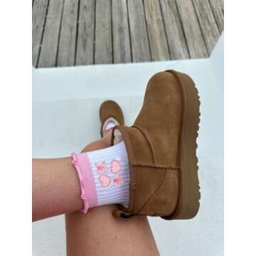 Puedizux Cute Pilates Grip Socks for Women - Ruffle Cuff & Embroidery Pattern