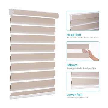 Pumkust Custom Size Zebra Blinds Cordless for Windows(Fits windows18-90in), Blackout Dual Layer Zebra Roller Shades Horizontal, Privacy Light Control Day and Night for Home, Office, Bedroom