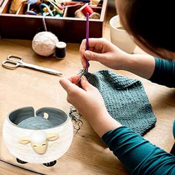 Weabetfu Sheep Ceramic Yarn Bowl Knitting Yarn Bowl Handmade Craft Knitting Bowls Crocheting and Knitting Supplies Organizer,Perfect for Mother's Day and Christmas Gift