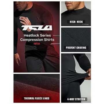 TSLA Men's Thermal Long Sleeve Compression Shirts, Mock/Turtleneck Winter Sports Running Base Layer Top, Core 2pack Mock Shirts Black/Black, Large