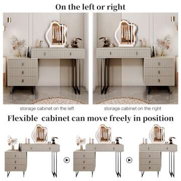 Ieejdn Makeup Vanity Desk with Cloud Lighted Mirror with Power Outlet and LED Strip, 3 Color Lighting Modes with Adjustable Brightness, 5 Large Drawer Vanity Table,for Bedroom, Grey