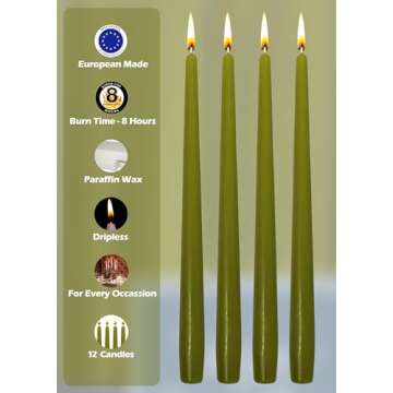 Hyoola Tall Taper Candles - 10 Inch Olive Green Unscented Dripless Taper Candles - 8 Hour Burn Time - 12 Pack