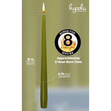 Hyoola Tall Taper Candles - 10 Inch Olive Green Unscented Dripless Taper Candles - 8 Hour Burn Time - 12 Pack