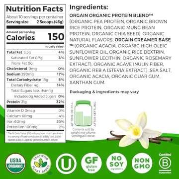 Orgain Organic Vegan Protein Powder, Vanilla Bean - 21g Plant Based Protein, 4g Prebiotic Fiber, No ...