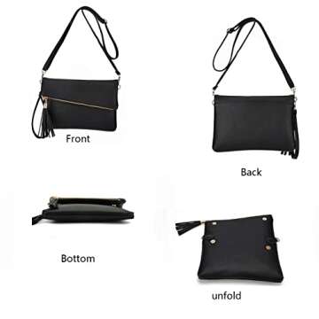 JIARUO Small Girls Tassel Fold Cover Sling Leather Women Crossbody Bag Handbag Purse (black)