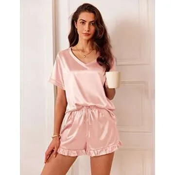 Ekouaer Satin Pajamas for Women Short Sleeve Silk Sleepwear 2 Piece Pjs Set with Ruffled Shorts Casu...