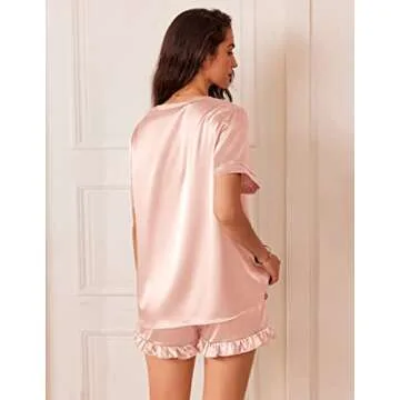 Ekouaer Satin Pajamas for Women Short Sleeve Silk Sleepwear 2 Piece Pjs Set with Ruffled Shorts Casual Loungewear Light Pink Medium