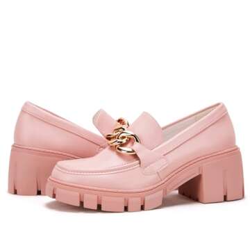 Platform Loafers Women Shoes,Chain Loafer Chunky Platform Loafers for Women Round Toe Slip on Shoes Pink 07