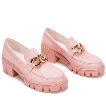Platform Loafers Women Shoes,Chain Loafer Chunky Platform Loafers for Women Round Toe Slip on Shoes Pink 07