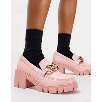Platform Loafers Women Shoes,Chain Loafer Chunky Platform Loafers for Women Round Toe Slip on Shoes Pink 07