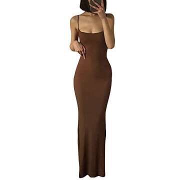 Women's Sexy Hollow Out Maxi Dress Summer Solid Color Halter Neck Cami Dress Split Elegant Evening Party Formal Dress (Brown, S)