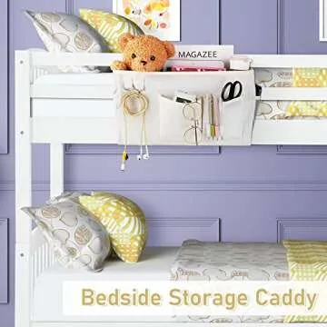 Frjjthchy Bedside Caddy Bedside Organizer Hanging Storage Bag for Bunk College Dorm Bed and Hospital Beds with Magazine Water Bottle Phone Holder (White)