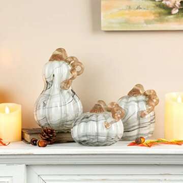 Glitzhome Gray Marble 4.25" H Hand Blown Glass Pumpkin Table Accent for Fall Harvest Decorating for Mother