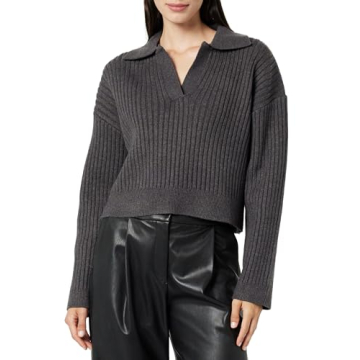 The Drop Women's Marcy Ribbed Collar Relaxed Pullover in Charcoal, L