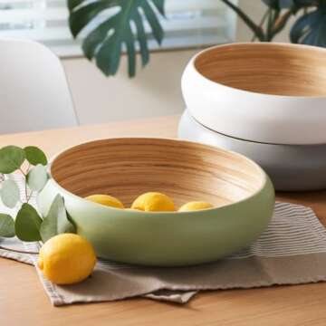 HABITAAS Fruit Bowl For Kitchen Counter, Decorative Bowl, Large Serving Bowl Or Fruit Basket For Kitchen Spun Bamboo (Sage)