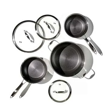 HexClad 12 Piece Hybrid Stainless Steel Cookware Set - 6 Piece Frying Pan Set and 6 Piece Pot Set with Lids, Stay Cool Handles, Dishwasher Safe, Induction Ready, Metal Utensil Safe