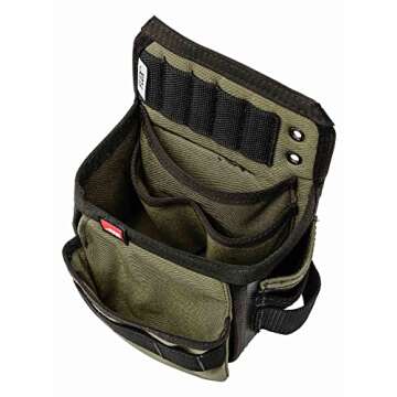 The Diamondback Flux Tool Pouch | Electricians, Carpenters, Plumbers, HVAC | 2 Pockets, 3 Inner Tools Slot, 2 Outer Tool Slots, 5-Slot Drill Bit Index | 5"x7"x10" | 0.7 lbs (Ranger Green - Right Side)