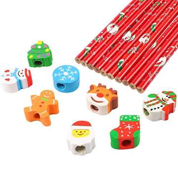 Colorful Christmas Pencil Set with Erasers and Sharpeners