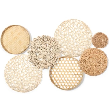 Hushee 7 Pcs Wall Basket Decor Boho Handmade Hanging Wall Baskets Natural Woven Seagrass Rattan Wall...