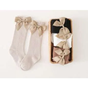 CHUNG Toddler Baby Girls Knee Hight Stocking Cotton Socks 0-7Years Solid Color Bowknot Thin Spring Summer (4 Pairs, 3-5Years)