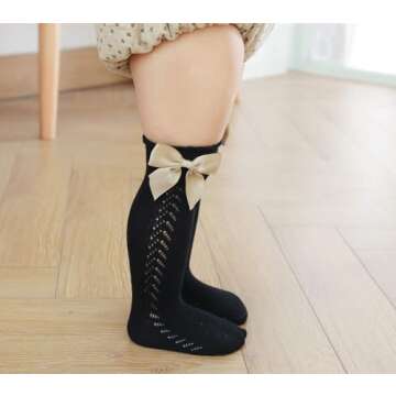 CHUNG Toddler Baby Girls Knee Hight Stocking Cotton Socks 0-7Years Solid Color Bowknot Thin Spring Summer (4 Pairs, 3-5Years)