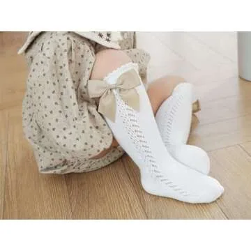 CHUNG Toddler Baby Girls Knee Hight Stocking Cotton Socks 0-7Years Solid Color Bowknot Thin Spring Summer (4 Pairs, 3-5Years)