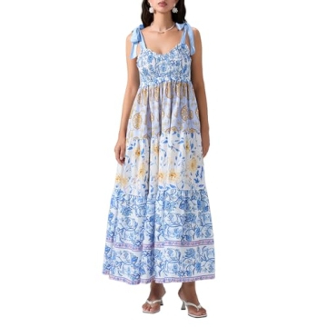 Women Floral Boho Maxi Dress Tie Shoulder Sleeveless Smoked Chest Tiered Flowy Dress Sweetheart y2k ...