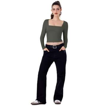 REORIA Long Sleeve Shirts for Women 2024 Fall Fashion Square Neck Basics Y2K Crop Tops Layering Slim Fitted Top Grey Green