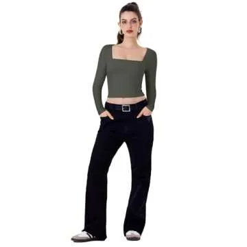 REORIA Long Sleeve Shirts for Women 2024 Fall Fashion Square Neck Basics Y2K Crop Tops Layering Slim Fitted Top Grey Green