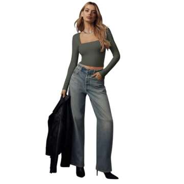 REORIA Long Sleeve Shirts for Women 2024 Fall Fashion Square Neck Basics Y2K Crop Tops Layering Slim Fitted Top Grey Green