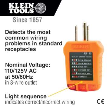 Klein Tools RT110 Outlet Tester, AC Electrical Receptacle Tester for North American Outlets