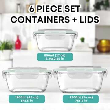 Razab 6 PC Square Glass Food Storage Containers with Airtight lids (74, 40 & 27 oz) Kitchen Glass Me...