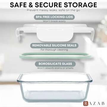 Razab 6 PC Square Glass Food Storage Containers with Airtight lids (74, 40 & 27 oz) Kitchen Glass Meal Prep Containers Set for Freezer Reusable Leftover Lunch Boxes, Oven, Microwave, Dishwasher Safe